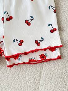 4pcs Baby Girls Spring/Summer Casual Everyday Outfits - Ditsy Floral & Cherry Print Knitted Short Sleeve T-Shirt & Shorts Set, 0-3 Years - Multicolor - View 5