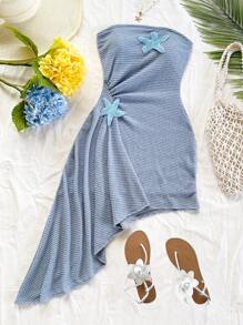 Soleia 女士亮橙色热带岛屿度假抹胸褶饰裹身荷叶边海星装饰海滩迷你连衣裙 - 藍色 - 查看 5