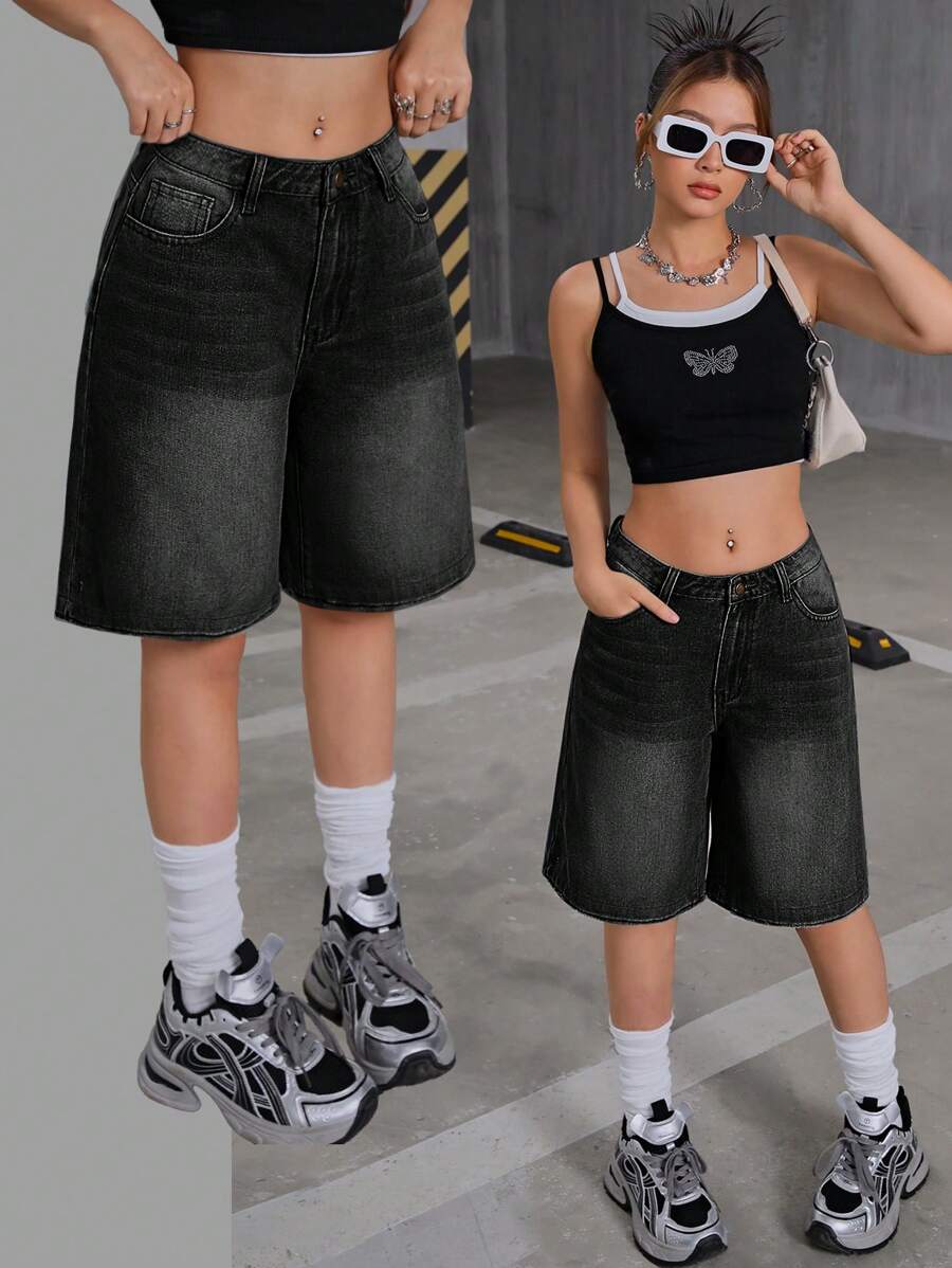 SHEIN 少女 Y2K 2000 年代复古水洗男友宽松休闲牛仔阔腿及膝牛仔裤短款，女孩秋季服装返校街头服饰 - 黑色 - 查看 1