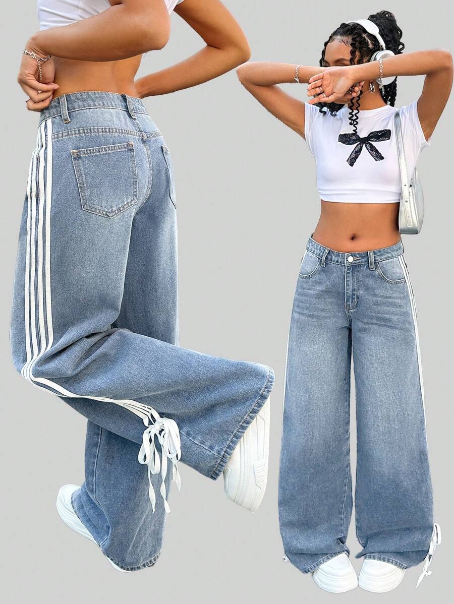 SHEIN 少女 Y2K 时尚条纹蝴蝶结宽松复古休闲斜口袋直筒牛仔裤，春夏假期 - 淺色水洗藍 - 查看 1
