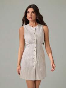 SHEIN Tall 女士优雅别致通勤前扣无袖条纹休闲迷你连衣裙，春夏，修身圆领背心裙，亚麻条纹面料，办公室通勤连衣裙，优雅时尚的通勤装，法式假日装扮，办公室警笛风格装扮，女士夏季连衣裙，茶会连衣裙 - 杏色 - 查看 5