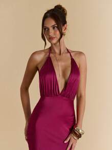 SHEIN BAE Solid Burgundy Sexy Deep V-Neck Pleated Long Satin Women's Dress, Suitable For Banquet, Wedding Bridesmaid Dress, Elegant Dress - Burgundy - View 3