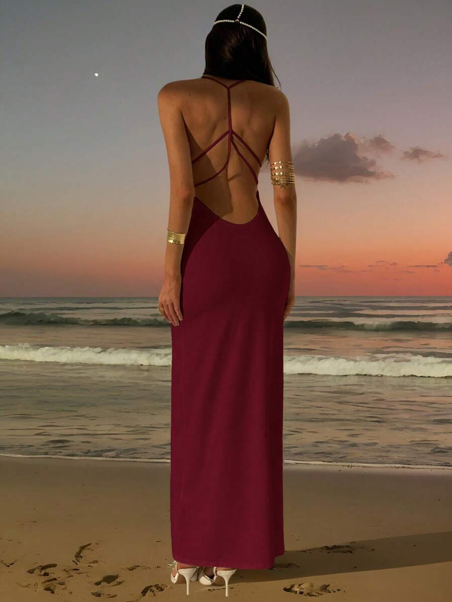 Aloruh Elegant Solid Color Sexy Backless Tie Design Sleeveless Formal Gown Beach Summer Dresses For Women - Burgundy - View 1
