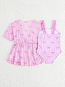 SHEIN Baby Girl Swimwear Set With Bow Striped Print Swimsuit And Kimono Cover-Up, Vacation Style