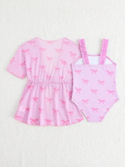SHEIN Baby Girl Swimwear Set With Bow Striped Print Swimsuit And Kimono Cover-Up, Vacation Style