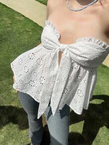 SHEIN EZwear Women's Summer Leisure Vacation Sweet Embroidery Fabric Front Tie Pure Desire Style White Tube Top Slit Top - White - View 1