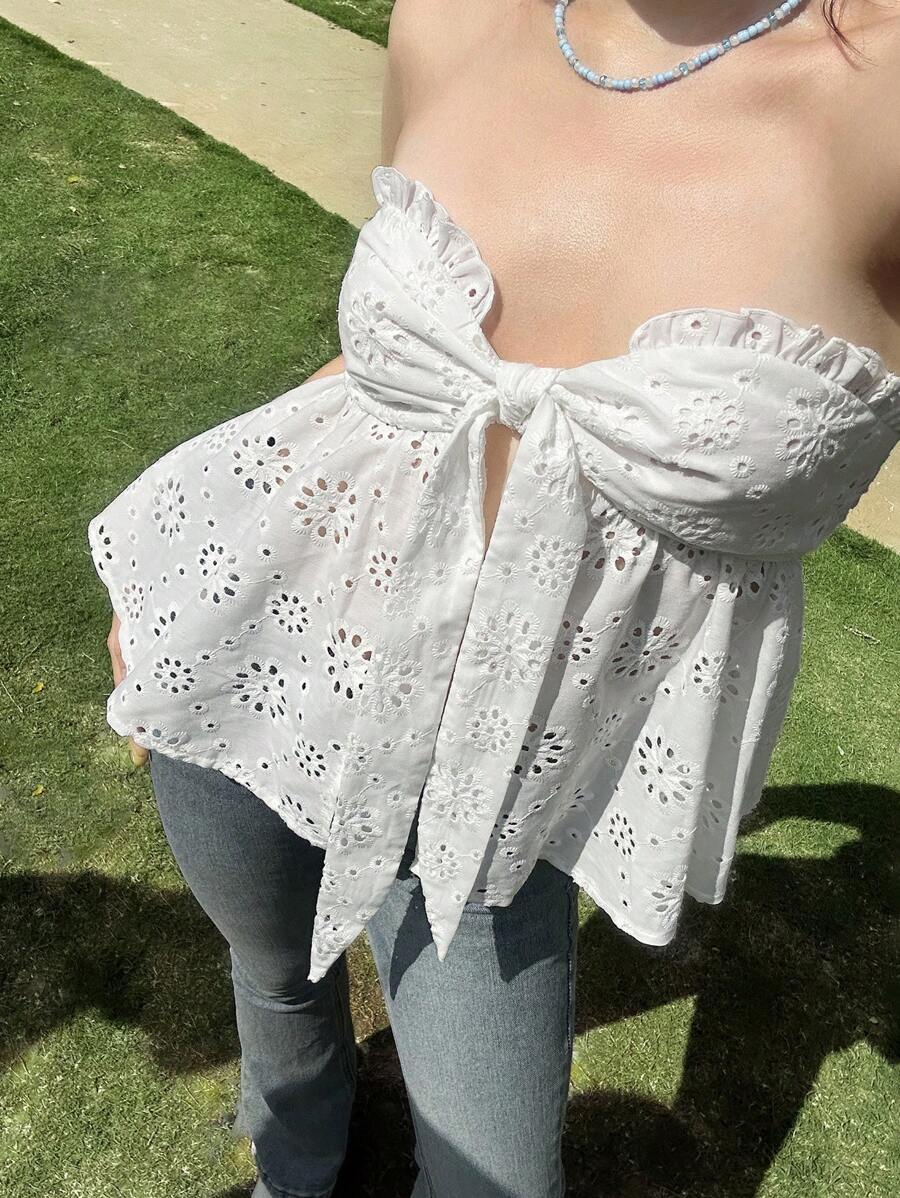 SHEIN EZwear Women's Summer Leisure Vacation Sweet Embroidery Fabric Front Tie Pure Desire Style White Tube Top Slit Top - White - View 1