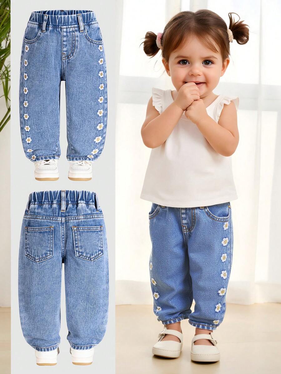 Baby Girl Embroidered Fashion Damsel Blue Tapered Jeans, Suitable For All Seasons - Medium Wash - View 1