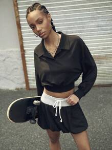 SHEIN Sports 女士纯色落肩长袖短款上衣和迷你裙户外套装 - 彩色 - 查看 4
