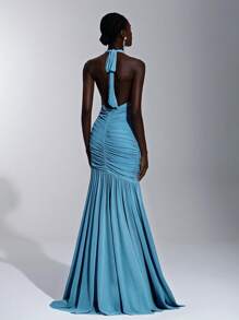 Elitara 优雅的绿松石蓝色领结垂坠式胸围荷叶边网眼鱼尾下摆连衣裙，适合约会、度假、婚礼活动、伴娘 - 水鴨藍 - 查看 2