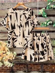 Linhara CURVE 2 chiếc/Bộ áo thun cổ tròn tay ngắn họa tiết hình học cỡ lớn cho nữ và quần short rộng thắt nơ eo, trang phục mùa hè thời trang, giản dị và thanh lịch - Nhiều màu - Xem 2