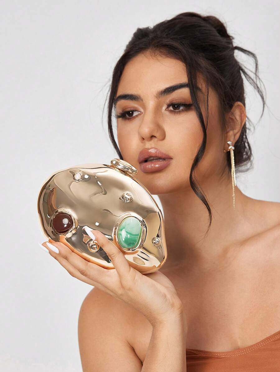 SHEIN SXY Ladies, Women Evening Bags, Clutches, Crossbody Bags, Colored Stone Inlay, Gold, Hard Box Bag, Fashionable, Luxury, Elegant, Simple, Personalized, Versatile, For Cocktail Party, Party, Prom, Club, Date, Birthday, Evening, Date Nigh, Ball, Fashionable Clutch Bags For Woman , Gold Bag