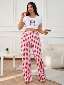 RueChic Femmes 2 pièces Ensemble de vêtements de détente avec haut à manches courtes avec imprimé de slogan et de nœud en couleurs contrastées, et bas de détente