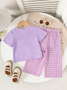 SHEIN 2pcs/Set Baby Girl Plaid Print Comfortable Fashion Versatile All-Match Top And Shorts, Spring/Summer