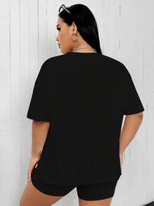 SHEIN MOOSTA 2pcs Plus Size Set, Letter Print Round Neck Short Sleeve T-Shirt And Shorts, Suitable For Summer - Black - View 2