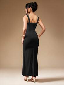 MISSGUIDED Sophisticated Square Neck Bodycon Maxi Dress With Wide Straps Empire Waist Floor Length Evening Gown Special Occasion Wedding Guest Party Formal Dress - Black - View 2