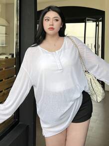 Dazy Plus Semi-Opened Collar Loose Fit Long Sleeve White Vacation T-Shirt, Spring/Summer/Autumn Women Clothing Summer Outfits