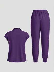 TaskEZ 纯色手术服上衣和裤子手术服套装 - 紫色 - 查看 2