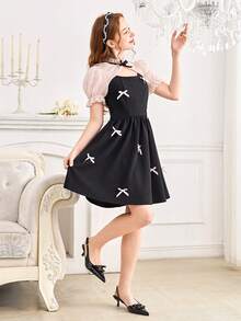 Teens Girls Hollow Collar Puff Sleeve Waist Cinched Flare Dress With Bow Decor - Multicolor - View 4