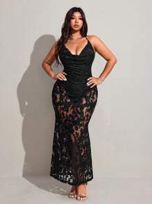 Viva Relle Plus Size Women Sexy Floral Mesh Embroidery Backless Maxi Dress - Black - View 1