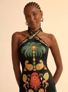 CAJUNI Đầm dệt kim in họa tiết hoa nhiệt đới màu đen ôm vừa vặn chéo lưng cho nữ - Nhiều màu - Xem 4