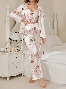 SHEIN Floral Print Cami And Shorts Pajama Set, Faux Silk - Multicolor - View 3