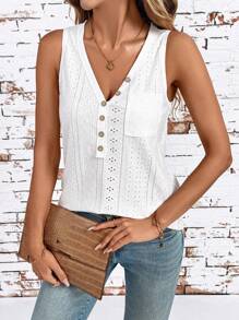 SHEIN Clasi Camicia senza maniche con scollo a V e bottoni anteriori, con stampa jacquard, ideale per le vacanze