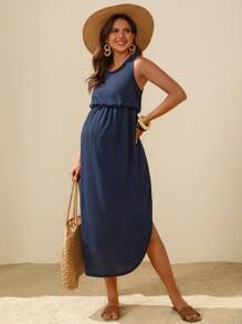 Boho Mama Váy bầu không tay màu trơn, thời trang cho mùa hè - Màu xanh hải quân - Xem 3