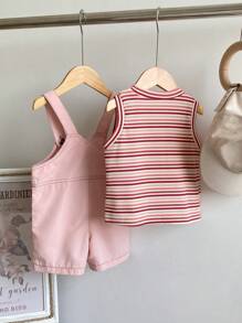 SHEIN Playful Pals 女婴休闲可爱樱桃水果图案刺绣华夫格衬衫上衣和牛仔裤两件套，2024 秋冬 - 粉色 - 查看 3