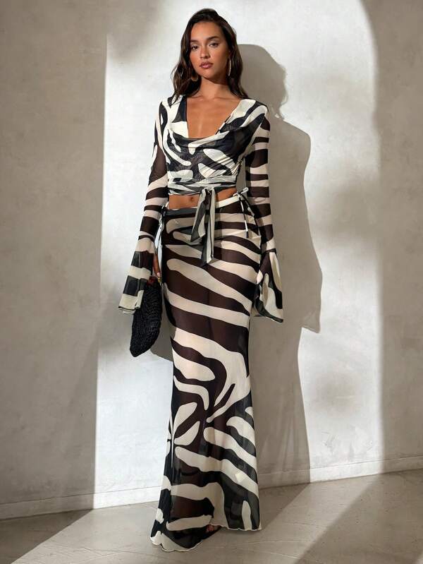 Aloruh Costume de baie pentru femei, sexy, elegant, romantic, vintage, cu imprimeu cu zebră tropicală, cămașă cu mânecă lungă, cu decolteu în V, top scurt decupat, fustă super lungă cu talie joasă, set de acoperire pentru plajă pentru vacanța de vară