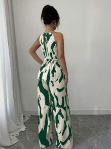 SHEIN Tall Women's Print Cinched Waist Elegant Jumpsuit Sleeveless Vacation Casual Romper - Green - View 2