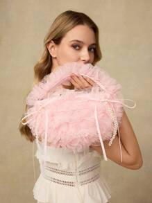 MOTF PREMIUM FAUX PEARL AND BOW MESH TOP HANDLE BAG, NEW ARRIVAL FUR BAG FOR WOMEN - Pink - View 3