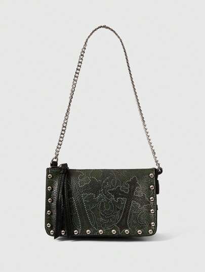 Goth Women's Fashionable Cross Pattern Rivet Chain Shoulder Bag