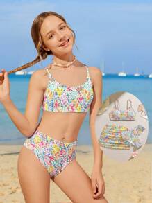 3pcs/Set Floral Print Bikini Set, Vacation Style, Random Print Young Girl Summer Outfits Young Girls Sets Bathing Suits For Teens Sets Summer Bathing Suits 1pc For Teens Bathing Suits For Teens Teen Girls Bikini Sets