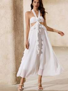 GENKIRA Vestido sin mangas de estilo bohemio de verano con volantes en el bajo, de múltiples capas, con escote de corpiño, de gasa de unicolor, estilo vacacional - Blanco - Ver 4