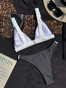 Swim Mod 女式拼色吊带泳衣上衣和褶饰比基尼下装两件套沙滩装，适合春假、节日、波西米亚风的夏季服装 - 黑與白 - 查看 2