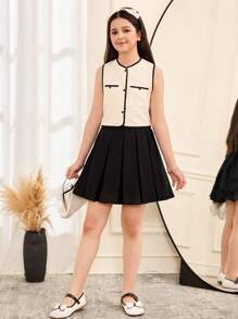 SHEIN Tween Girls Black Pleated Skirt With Oversized Bow Back Design, Casual