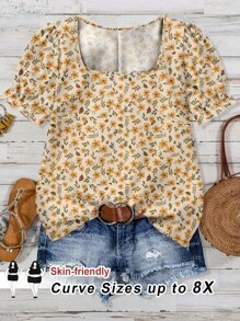 SHEIN CURVE+ Blouse ample d'été imprimée à manches courtes pour femmes grandes tailles, style bohème, idéale pour les vacances