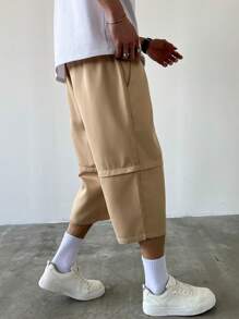 Manfinity Hypemode Men's Loose Solid Color 7 Inch Shorts, Can Be Detached To Bermuda Shorts, Summer - Khaki - View 7