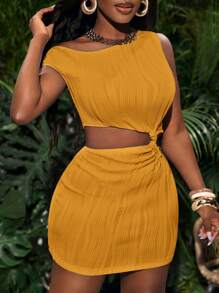 Slaydiva Elegant Textured One Shoulder Twisted Waist Solid White Mini Dress Yellow - Coral Orange - View 5