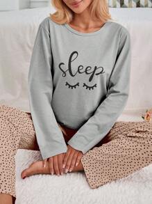 EURMUSE 100% Cotton 2Pcs Eye&Heart Printed PJ Set - Light Grey - View 3