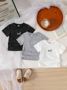 3pcs/Set Baby Girl Spring&Summer Casual Style Bowknot-Shape Embroidery Short Sleeves Three Colors Top