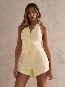 Glamine 女士亚麻感露背吊带背心带袖口短裤休闲套装夏季挂脖蝴蝶结露背休闲两件套 - 黃色 - 查看 8