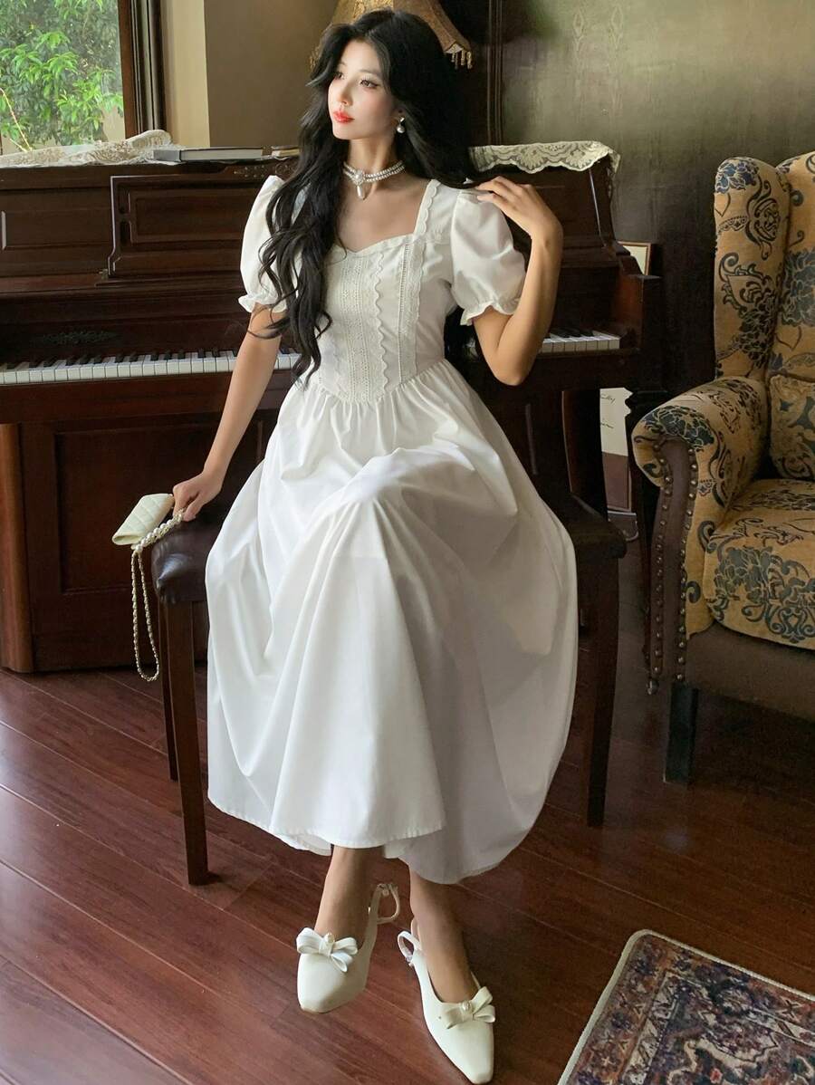 DAZY 女士夏季法式复古方领荷叶袖纯色中长连衣裙 - 白色 - 查看 1