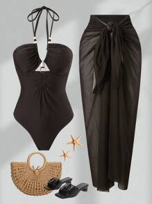 SHEIN 2pcs Women's Plain Color Sexy Front Cross Hollow Out Strap Sets, Summer