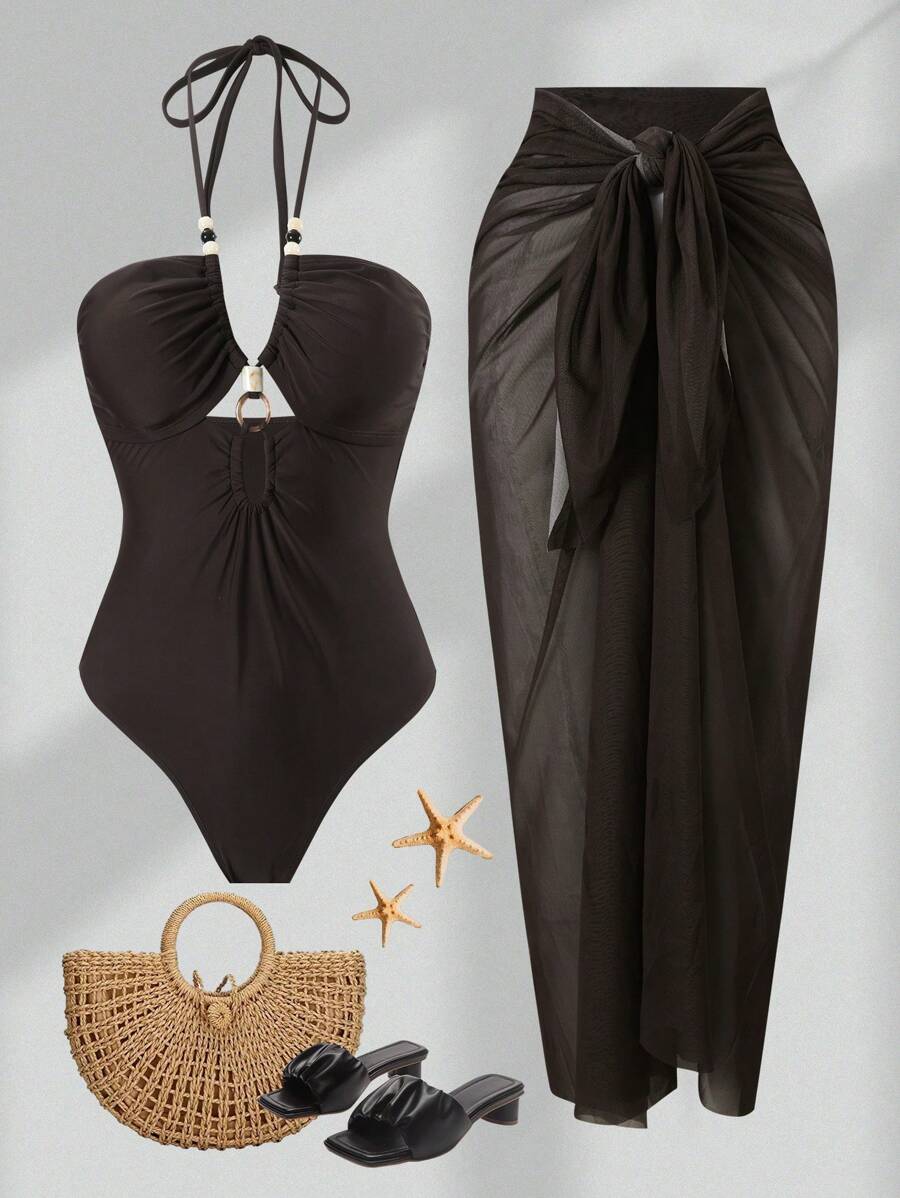 SHEIN 2pcs Women's Plain Color Sexy Front Cross Hollow Out Strap Sets, Summer