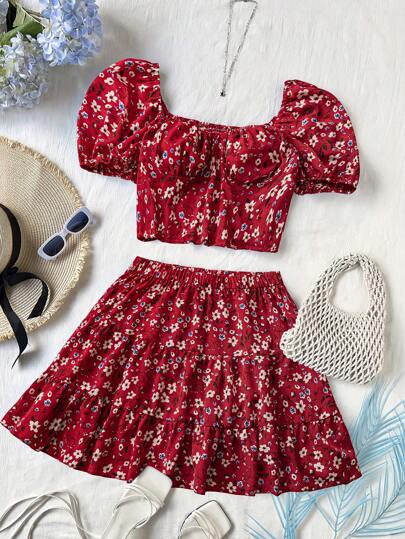 Flirla Plus Size Women's Ditsy Floral Ruffle Sleeve Top And Mini Skirt 2 Pieces Set