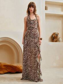 SHEIN LUNE Damen Chiffon Rüschensaum. Böhmischer Vintage-Druck, asymmetrisches Schlitzdesign, Neckholder-Rückenloses Maxikleid, Sommer, Urlaubsoutfits Frau, Urlaubskleid