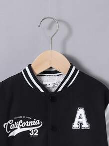 SHEIN 男小童字母圖案條紋飾邊學院風夾克 - 黑與白 - 查看 3