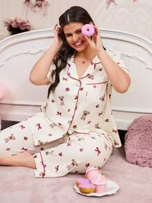 SweetSlumber Conjunto de pijama talla grande con estampado de conejo con moño, arrugado y holgado
